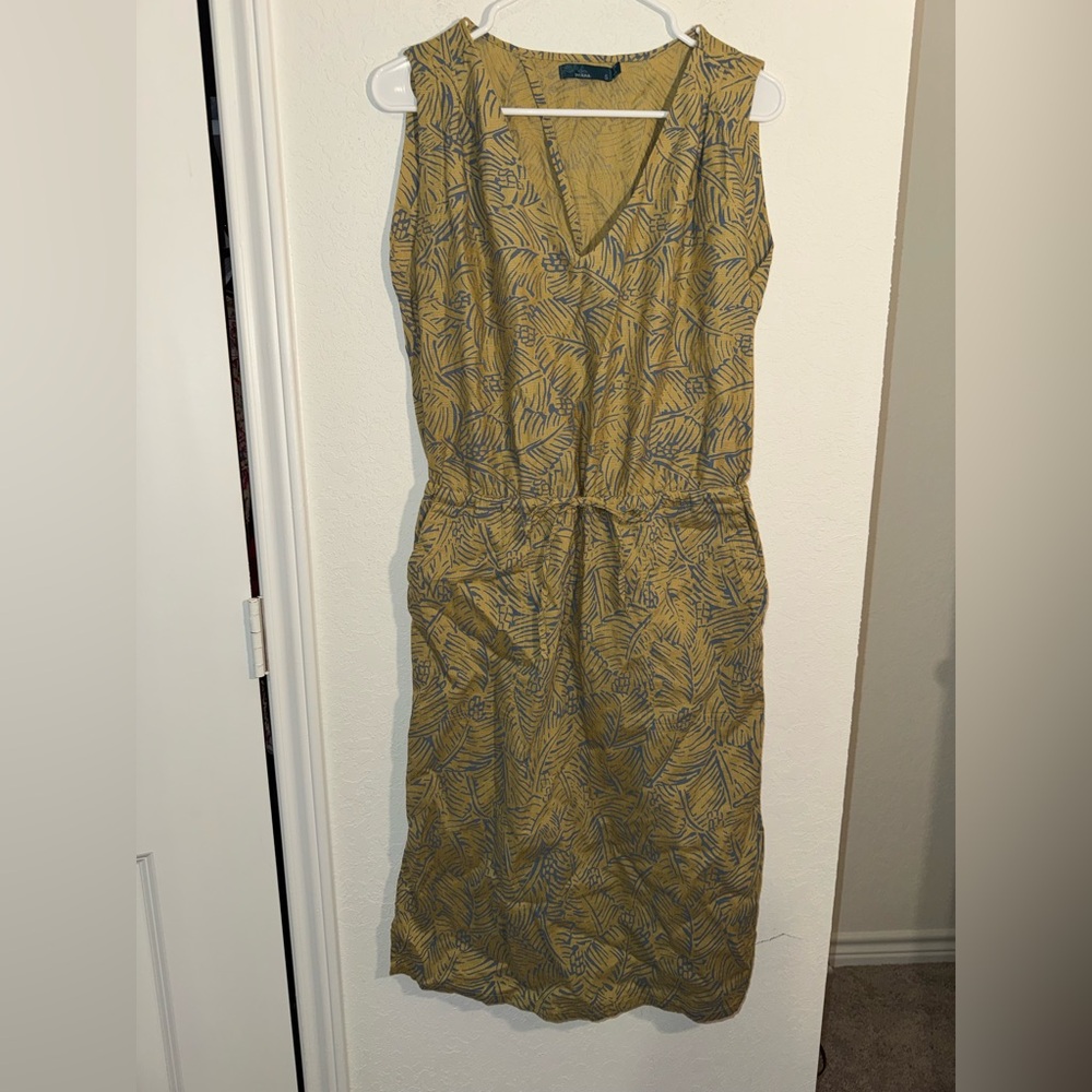 Prana Mustard Yellow Leaf-Print Mini Dress